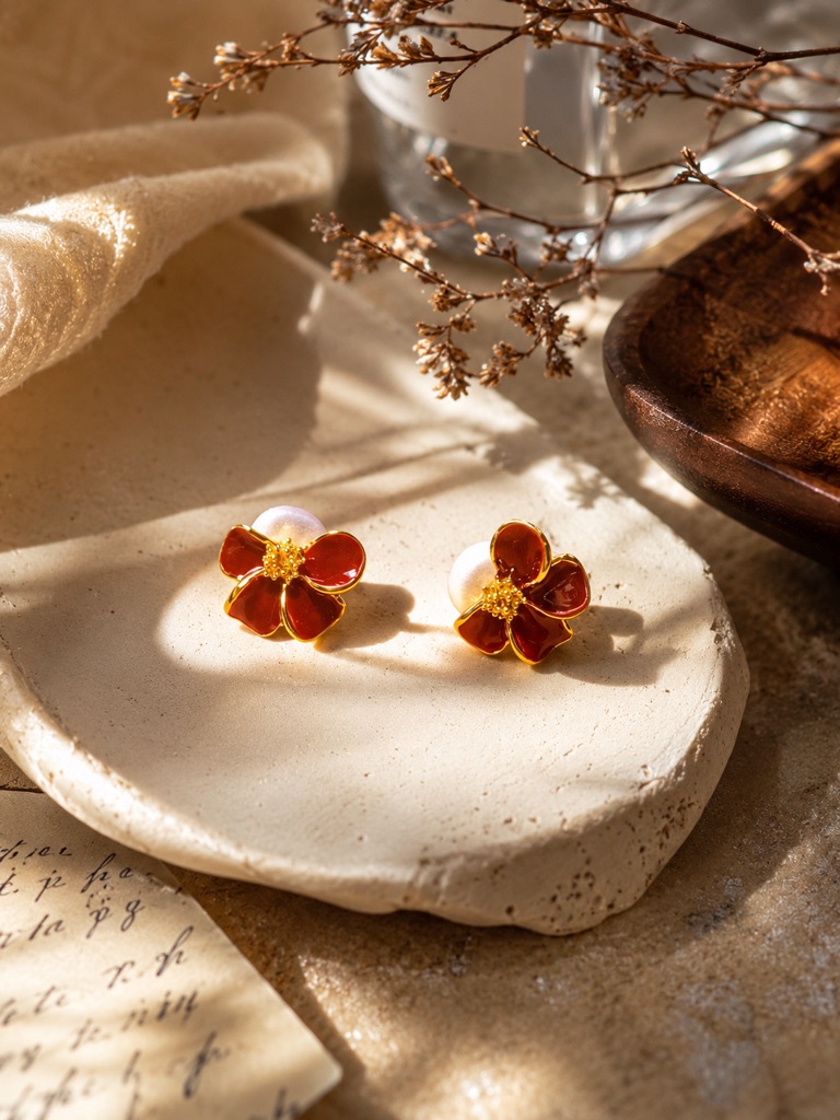 Red flower earrings on a warm ceramic display